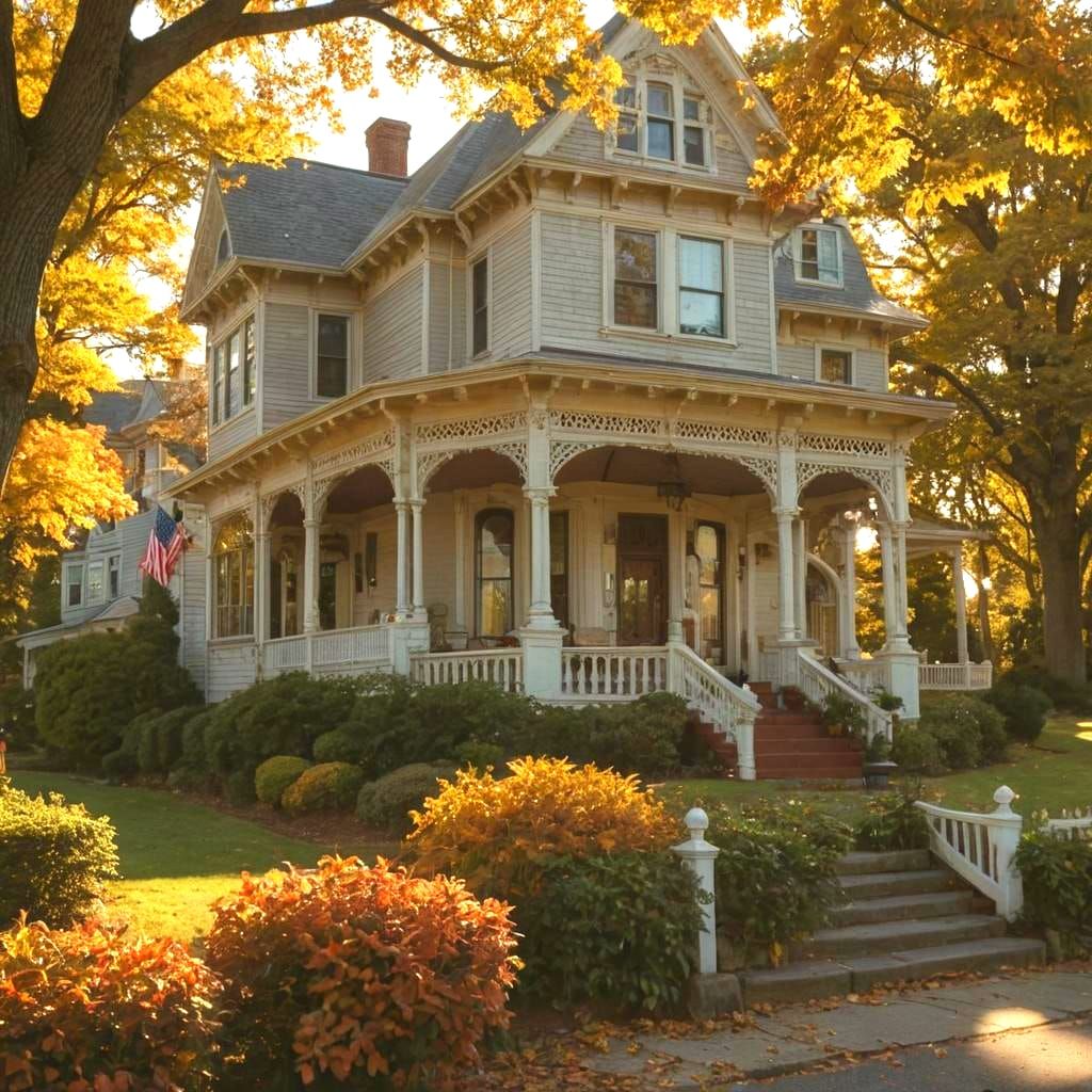 Narragansett Rhode Island, bright sunny fall day, beautiful Victorian bed and breakfast