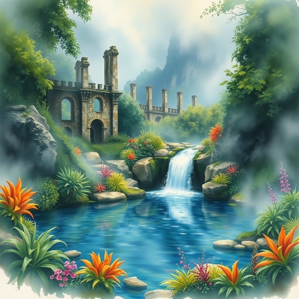 Lush Ruins with Waterfall in Impressionist Style