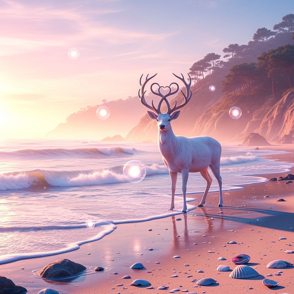 Majestic Deer on Pastel Beach at Sunrise