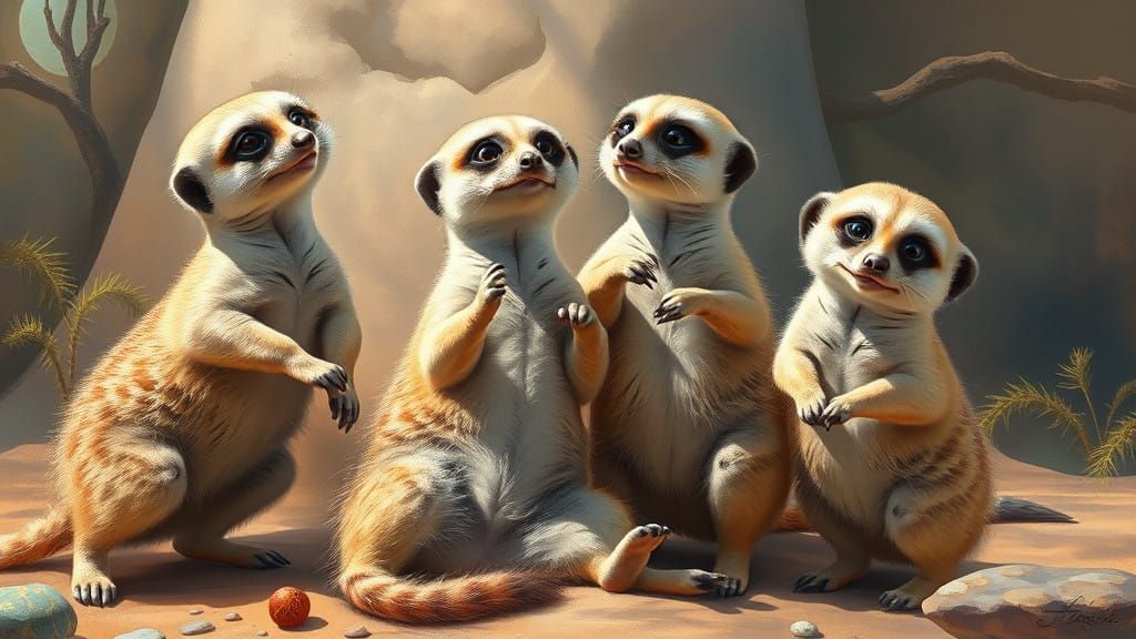 Vibrant Realistic Meerkats in Whimsical Action Scene