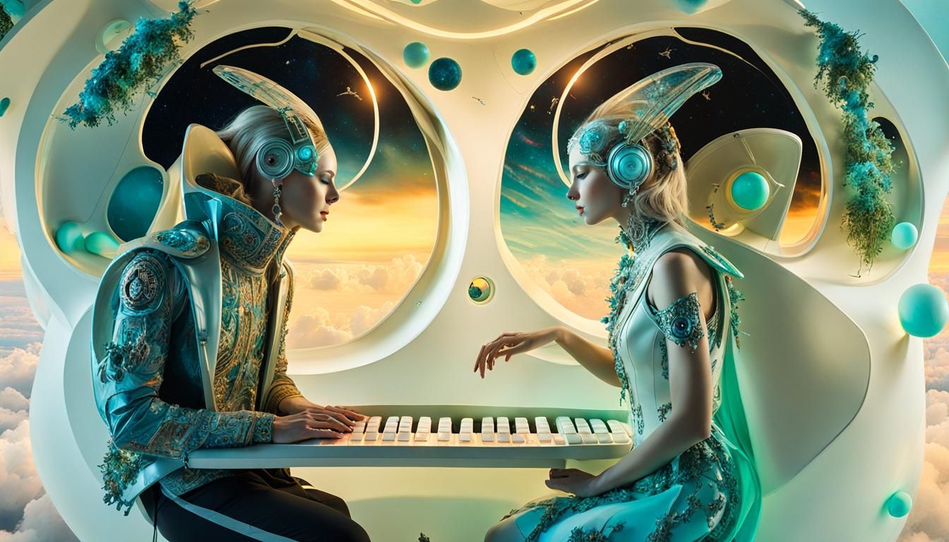 Ethereal Figures Compose Poems in Surreal Galaxy