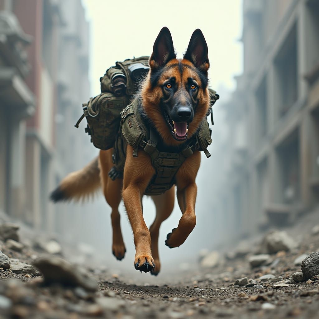 Cyberpunk Dog Races Through Ruined City in Tactical Gear