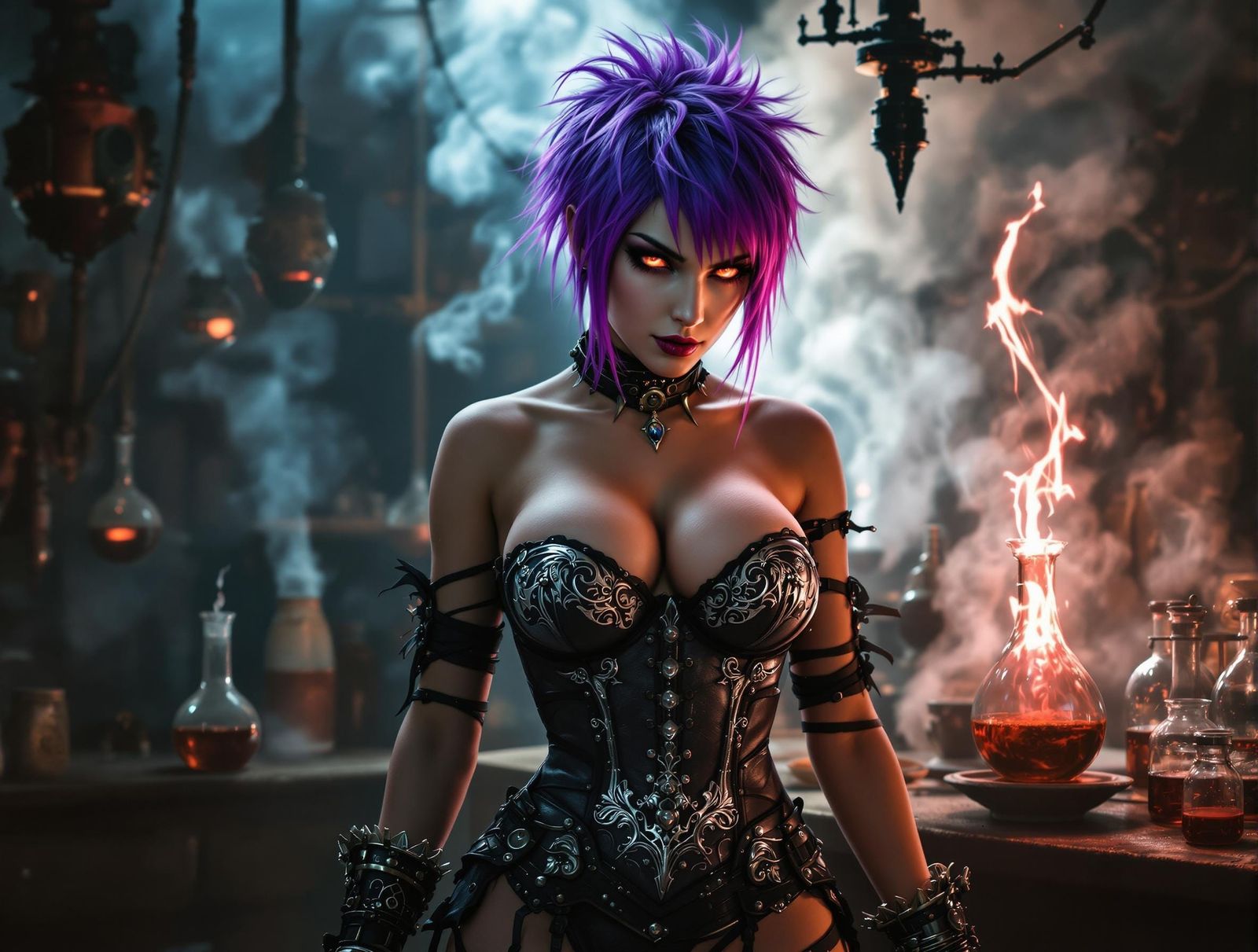 Dieselpunk Sorceress Unleashes Spell in Laboratory