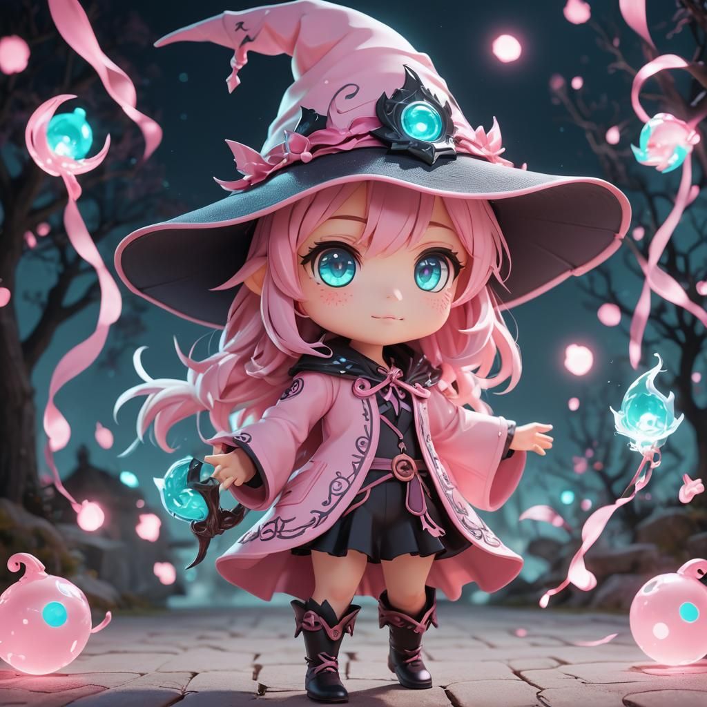 Cyan-Eyed Chibi Witch in Vibrant Anime Style