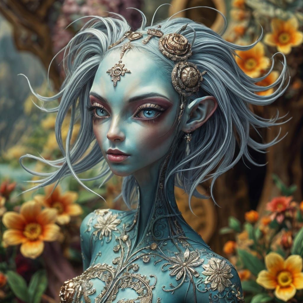 Mythical Alien Beauty with Floral Adornments