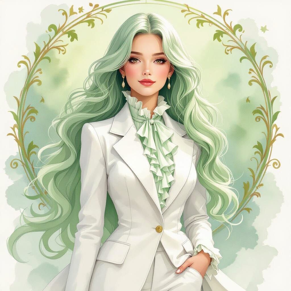 Woman in Green Hair, Aquarell Painting Style