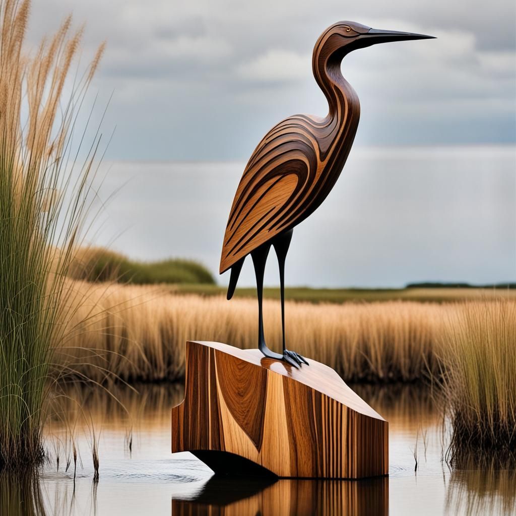 Zebra Wood Heron Carving in Water