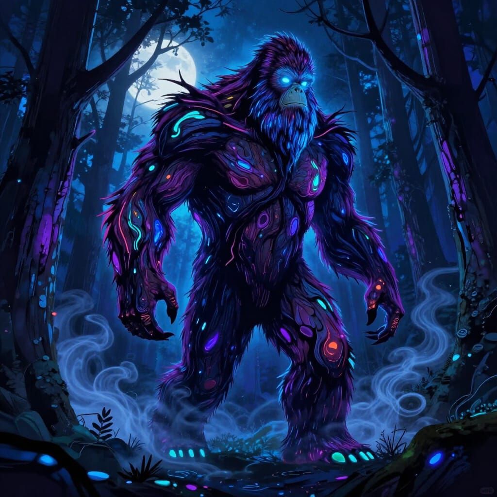 Bioluminescent Bigfoot-Tree Hybrid in Psychedelic Forest