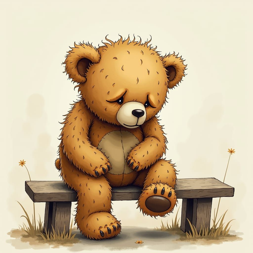 Sad Teddy Bear on Bench in Watercolor Style