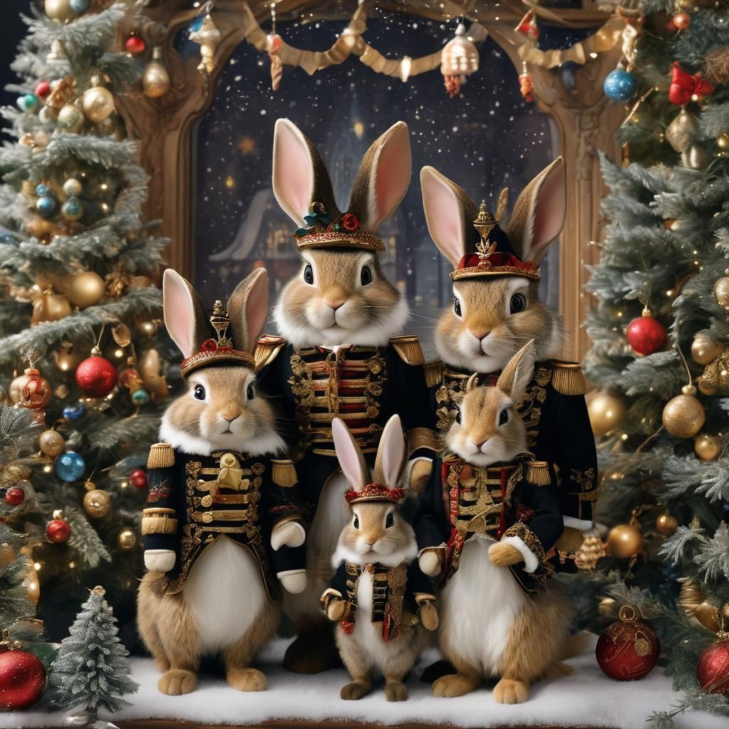 Victorian Ballerina Hare Family in Festive Winter Scene