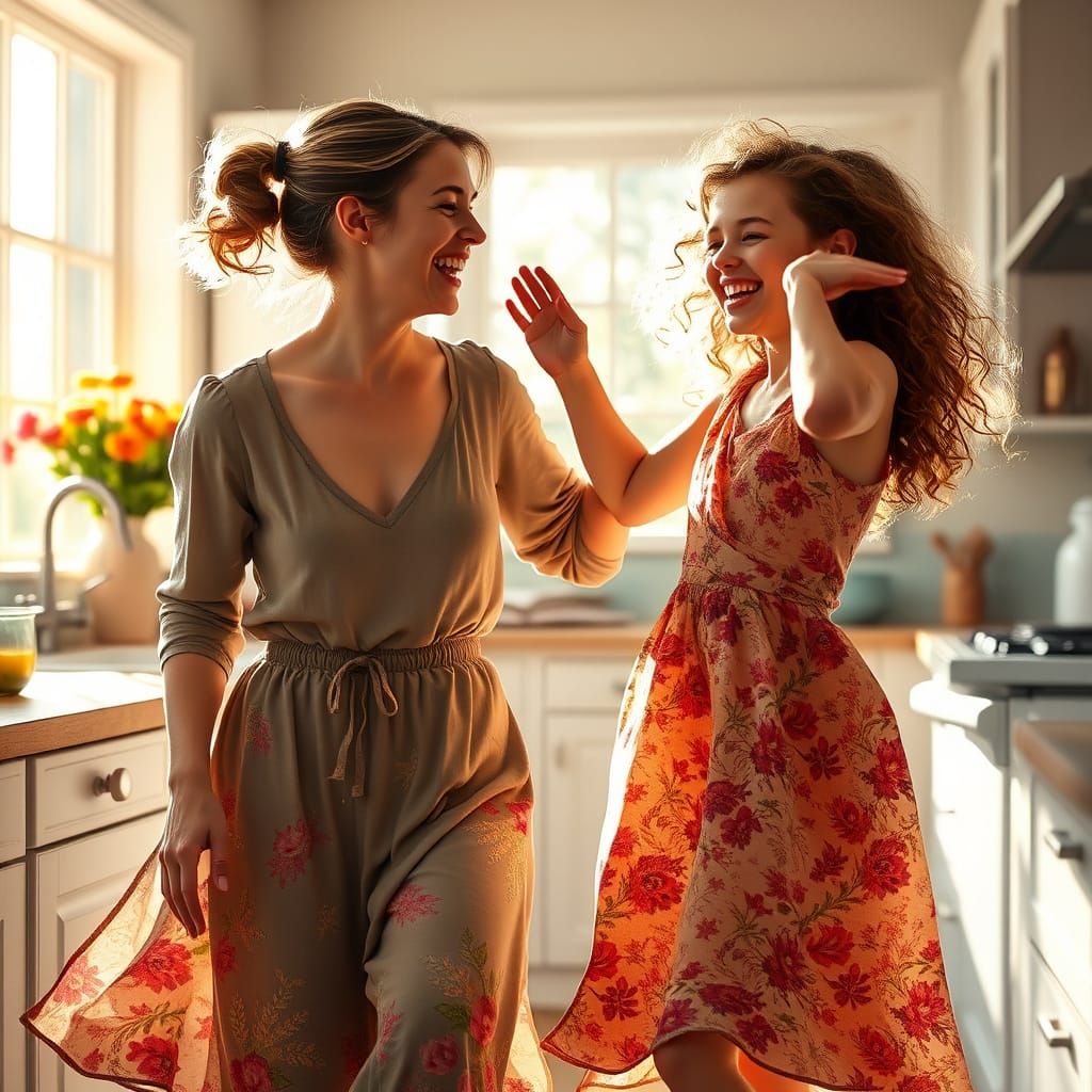 Mother and Daughter Dancing in Warm Kitchen Light