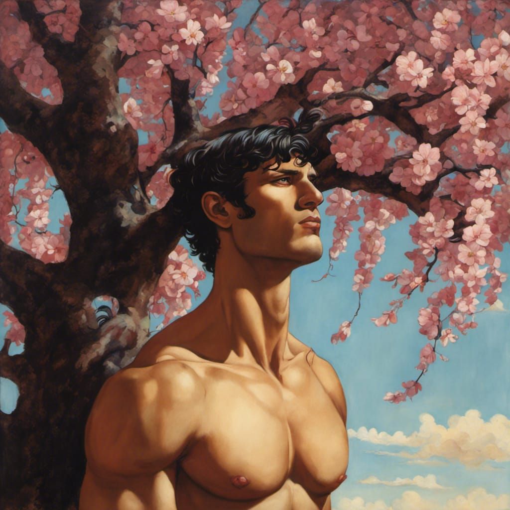 Shirtless Man Under Cherry Tree: Surrealist Graphic Art