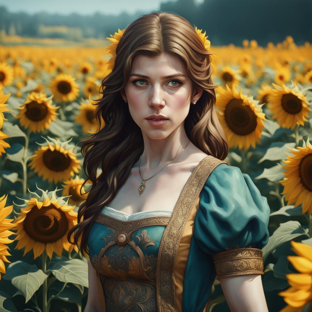 Woman in Sunflower Field, Art Nouveau Style