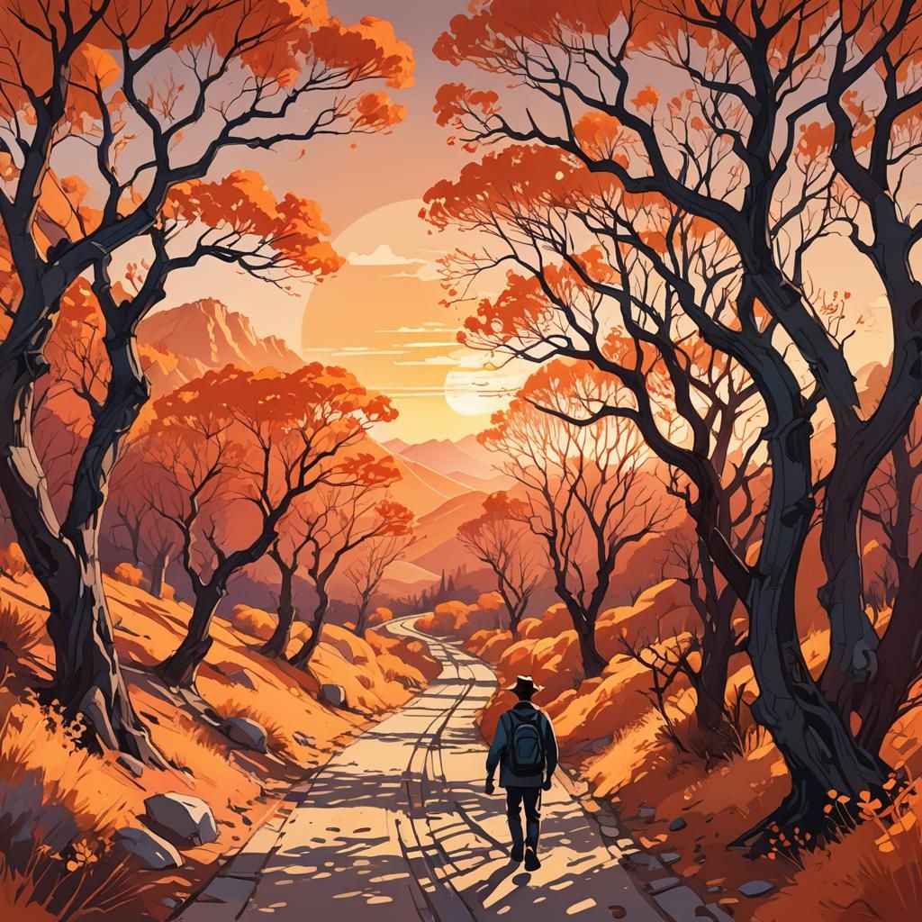 Orange Landscape with Traveler in Fauvist Style