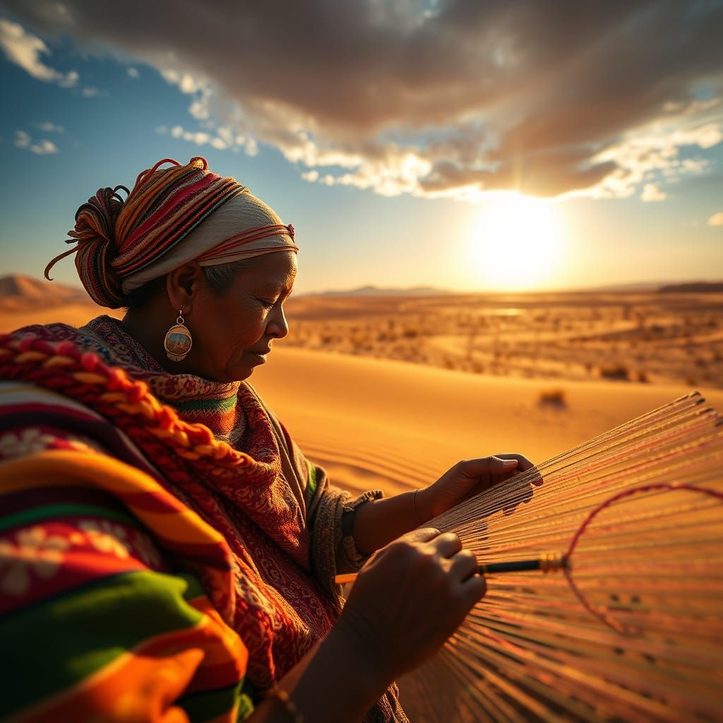 Wayuu Weaver in La Guajira Desert Landscape
