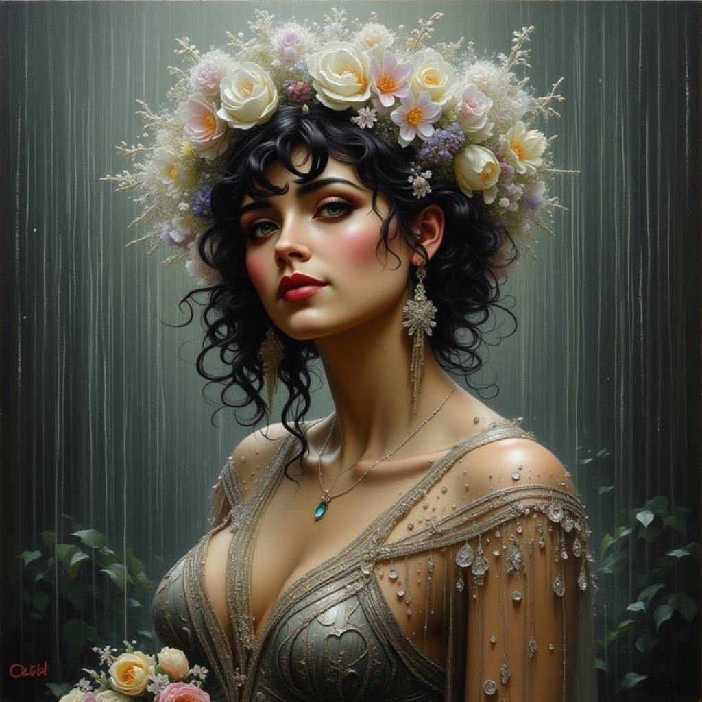 Bride Walking on Rainy Avenue in Flux Style