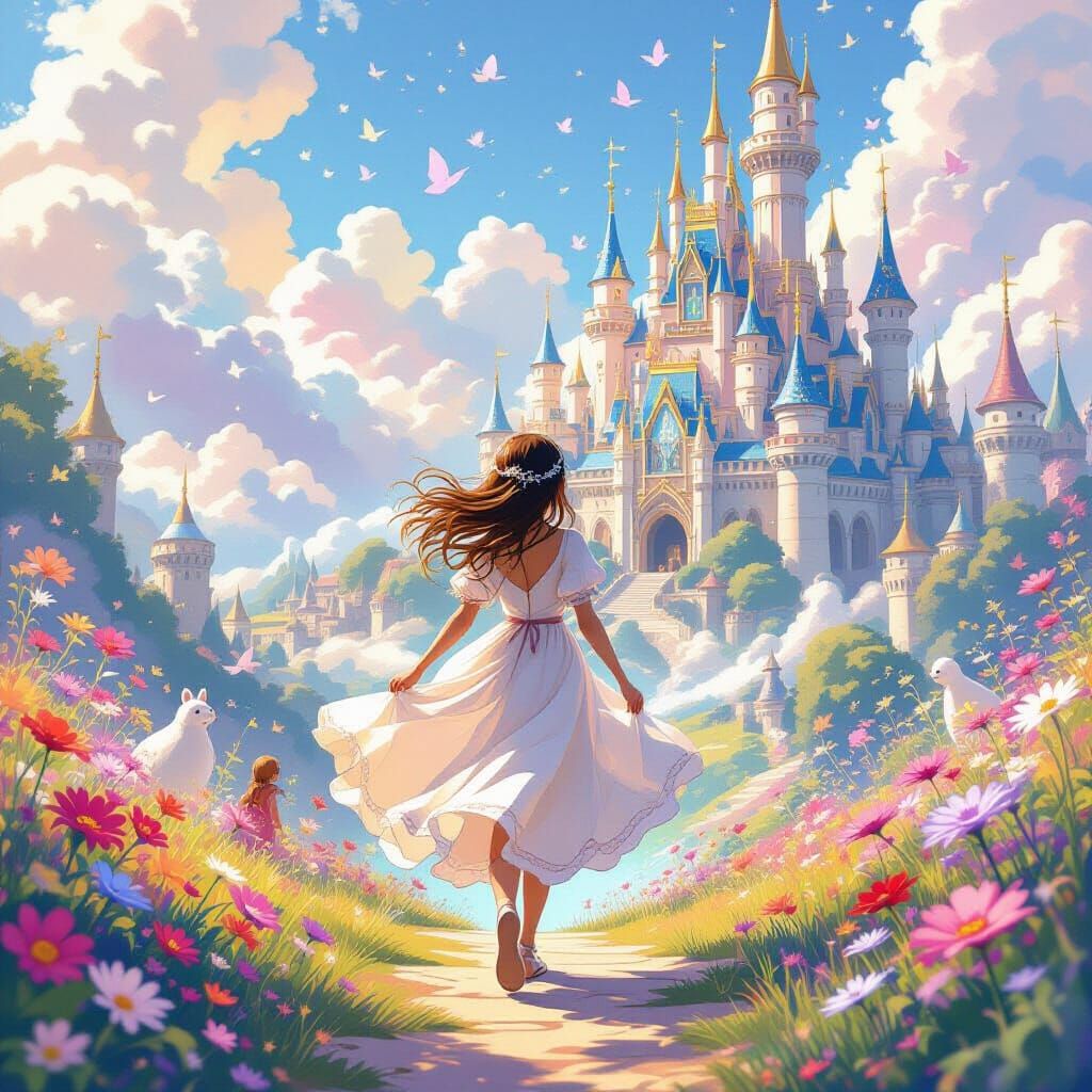 Girl Enters Magic World with Shimmering Castles