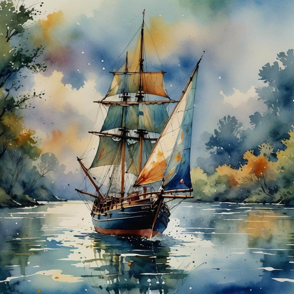 Sailing Boat Watercolor with Ink Splashes