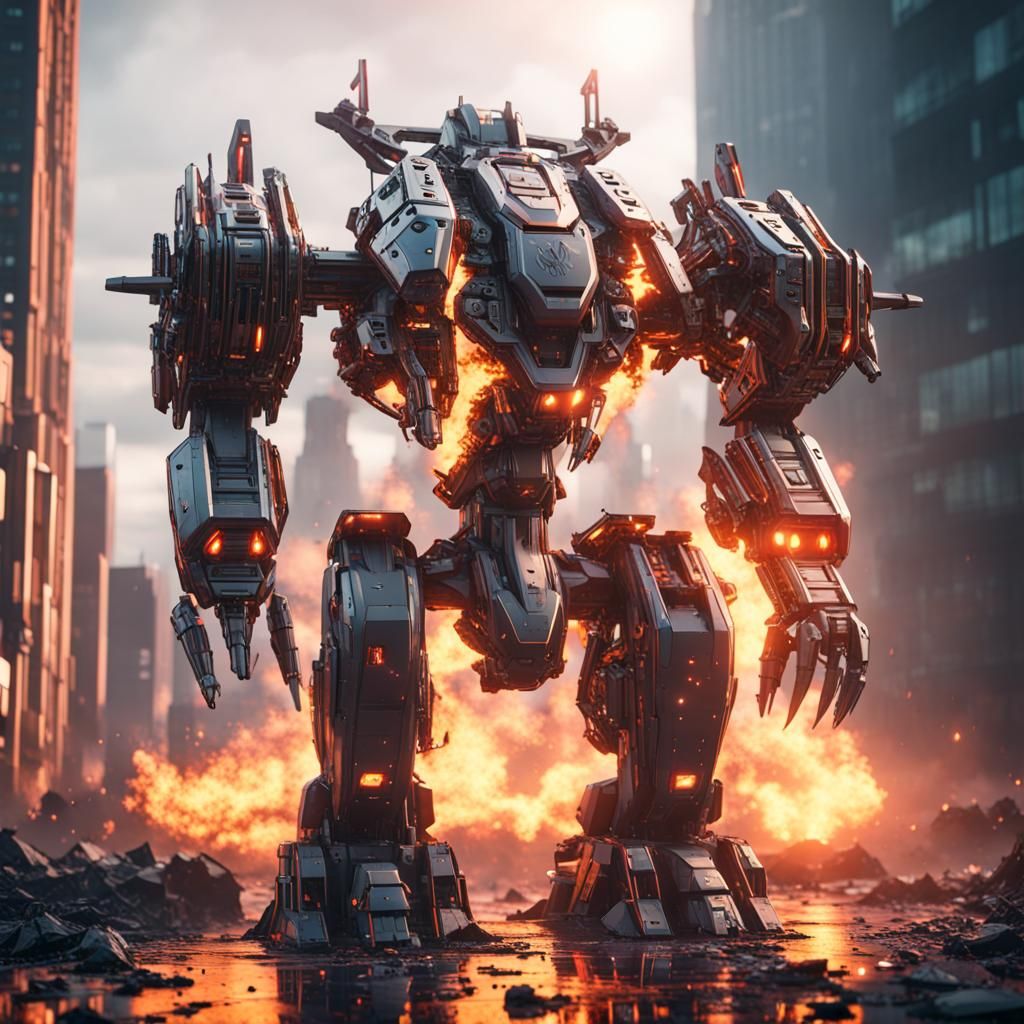 Fiery Cityscape with Intricate Mech Details