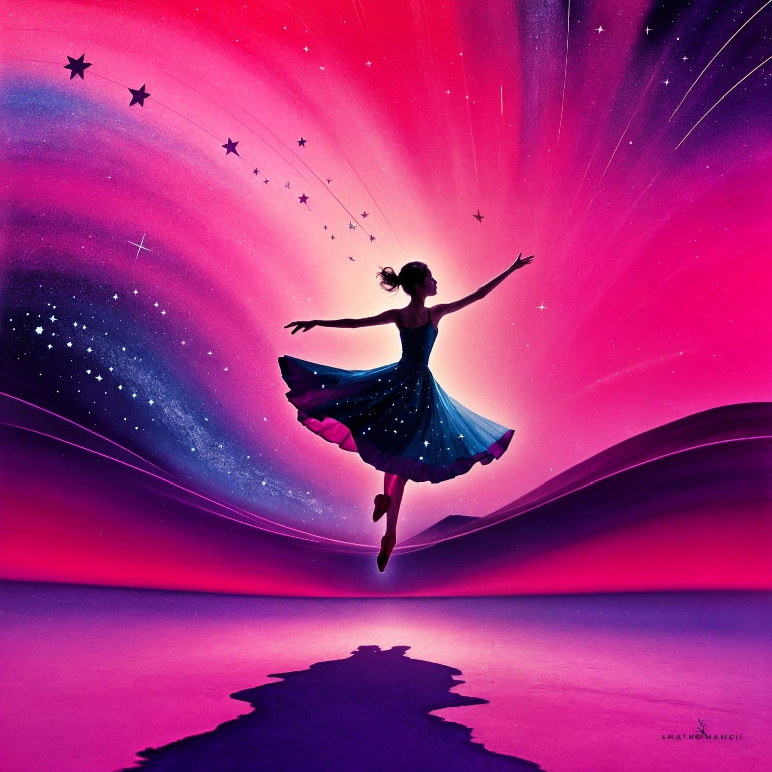Dancer Under Falling Stars in Rainbow Watercolour