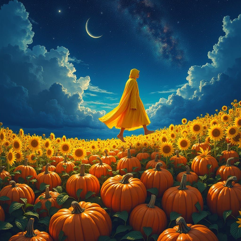 Sunflower Field Figure Under Starry Night Sky