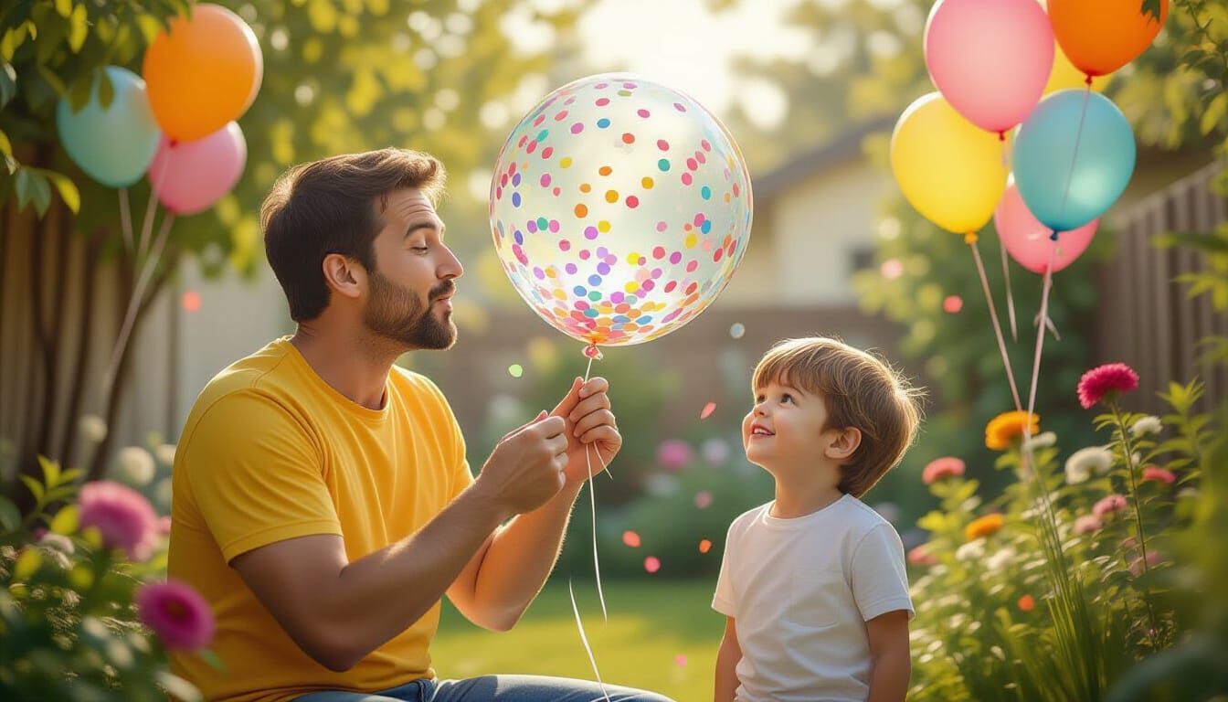 Joyful Father and Son in a Festive Garden