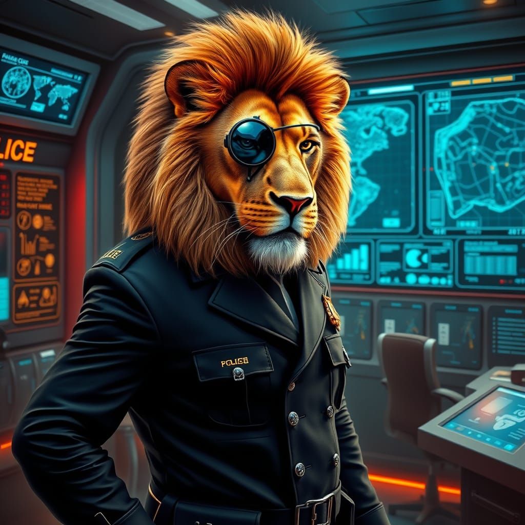 Lion Officer in Futuristic Police Station