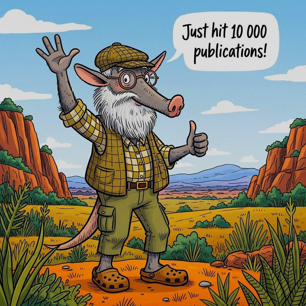 Aardvark Cartoon Waving in Magaliesberg Landscape