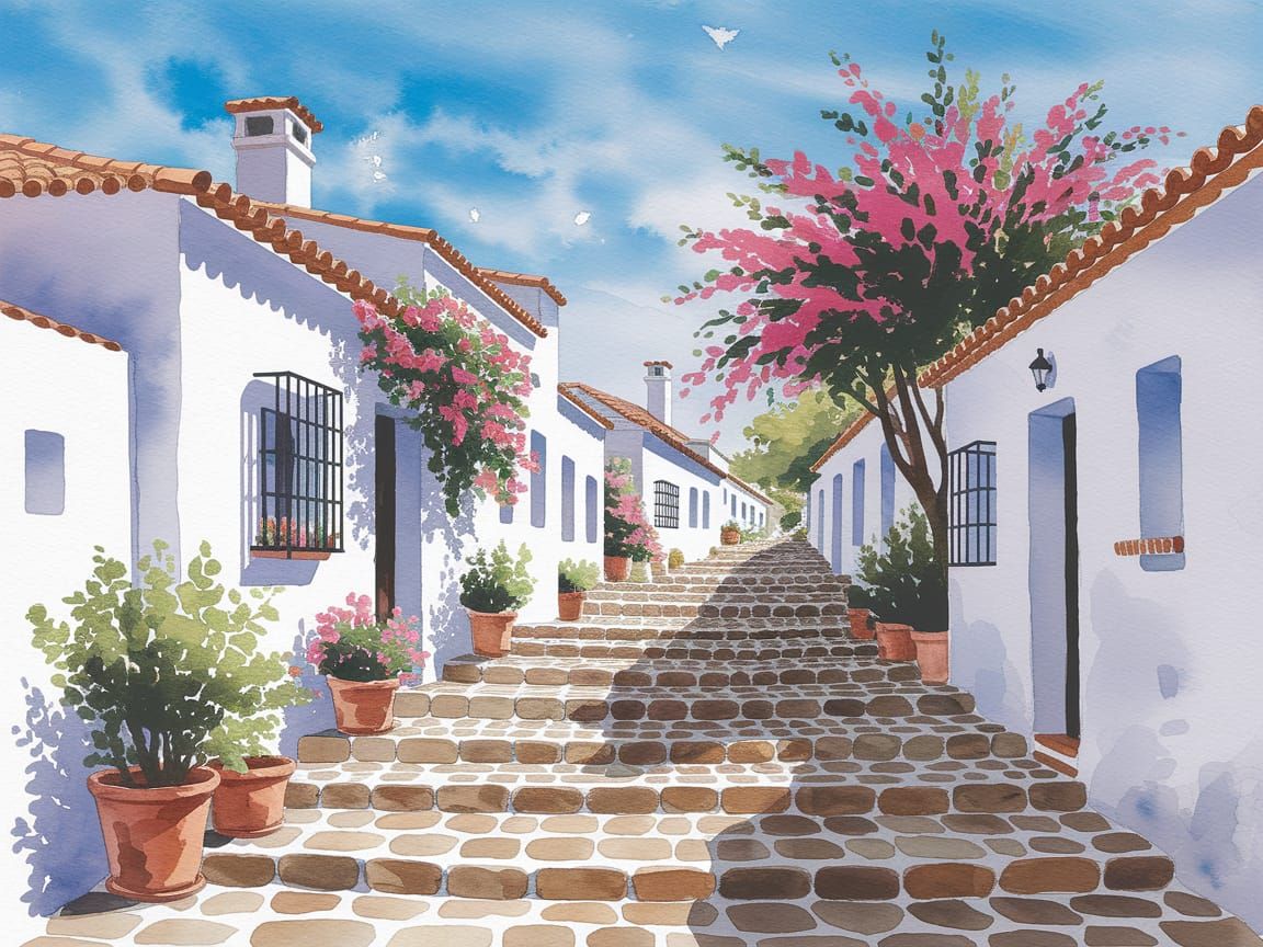 Idyllic Whitewashed Village Street in Watercolor Style