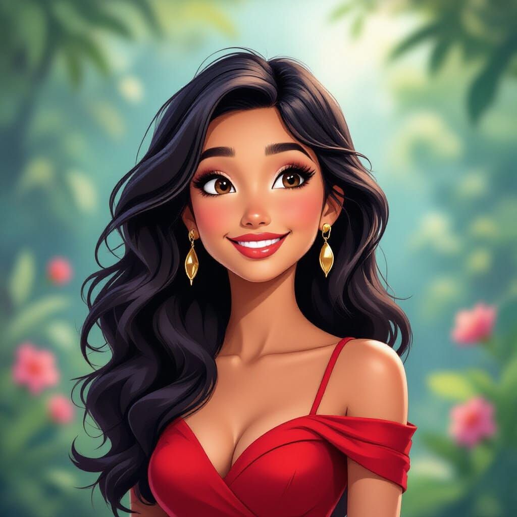 Smiling Woman with Black Hair in Pixar Style