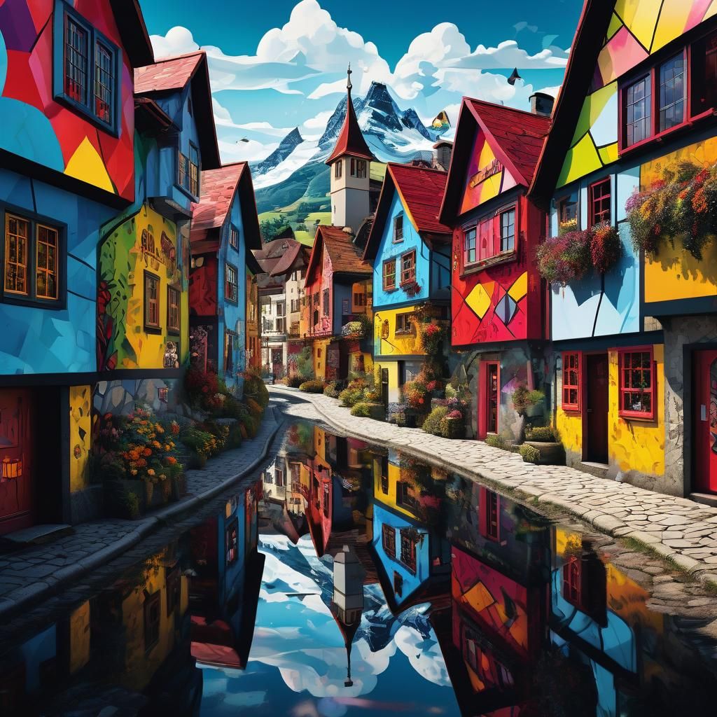 Polychromatic Mirrored Village in Stained Glass Style