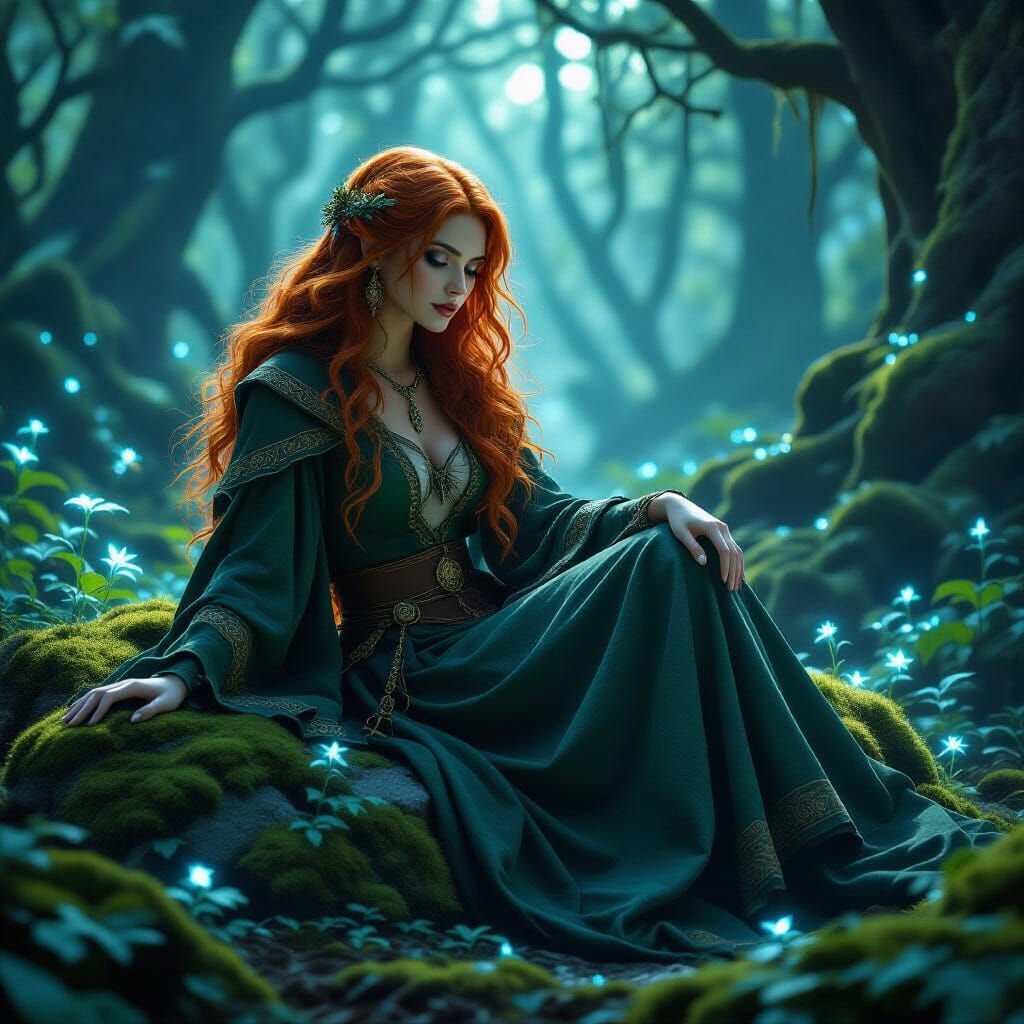 Gorgeous Red-Haired Witch in Enchanted Forest, Digital Matte...