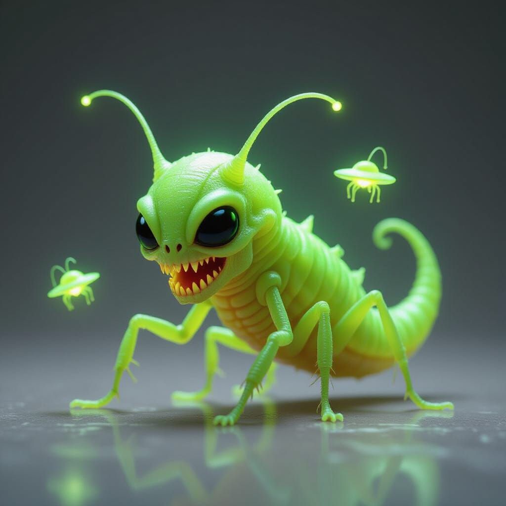 Neon Creep Creature with Phosphorescent Veins and UFO Compan...