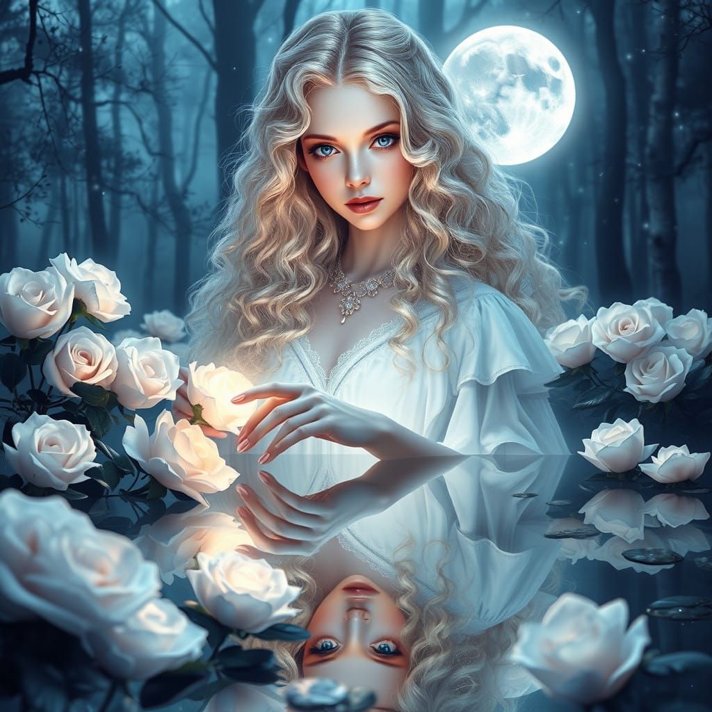 Bioluminescent Moon goddess long blonde curly hair blue eyes, in white dress touching a mirrored reflection of herself, ...
