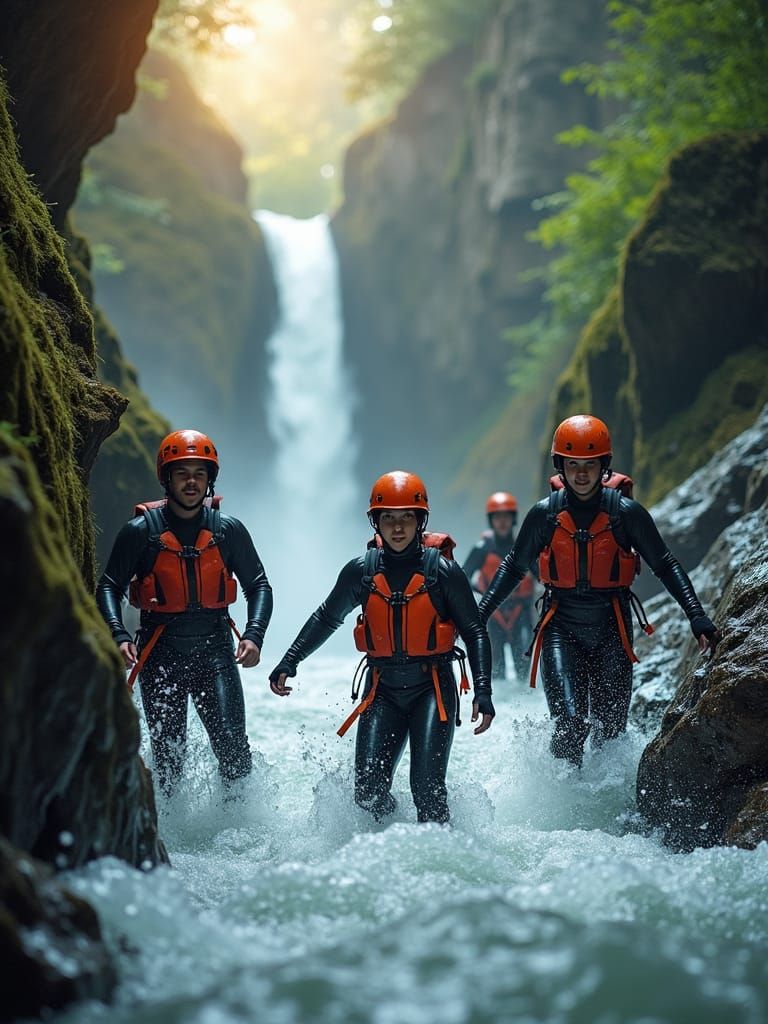 Adventurers Canyoning in Gorge with Waterfalls