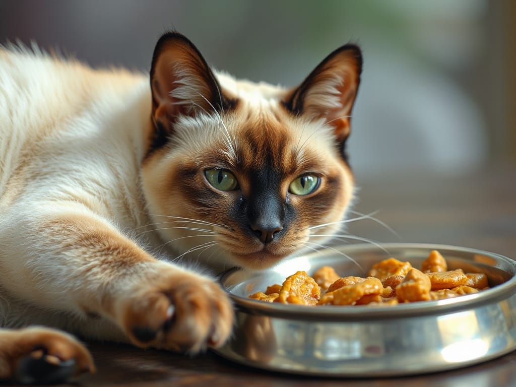Siamese Cat Reaches for Food in Ethereal Mist