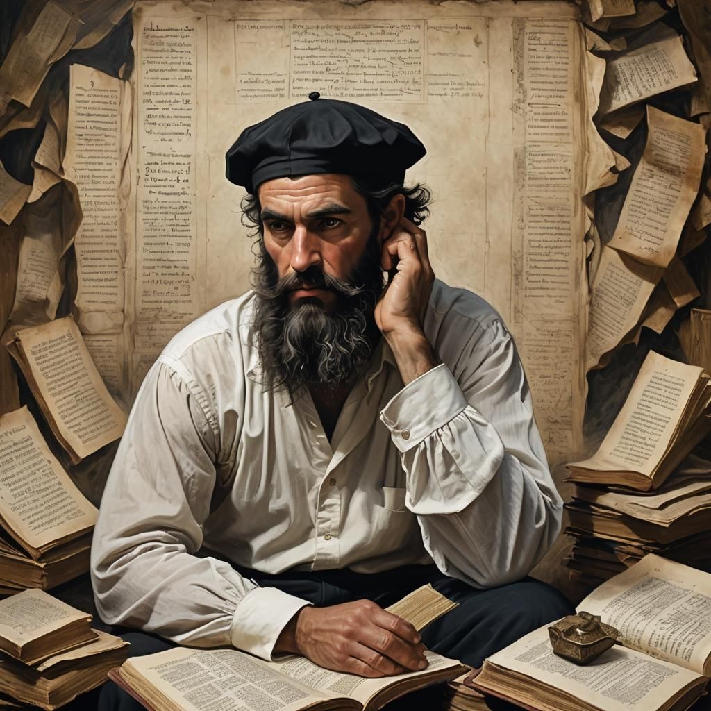 Mystical Figure Contemplating Ancient Scripture in Dark Fant...