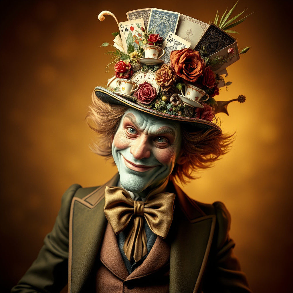 Mad Hatter's Playing Card Hat in Dreamlike Illustration