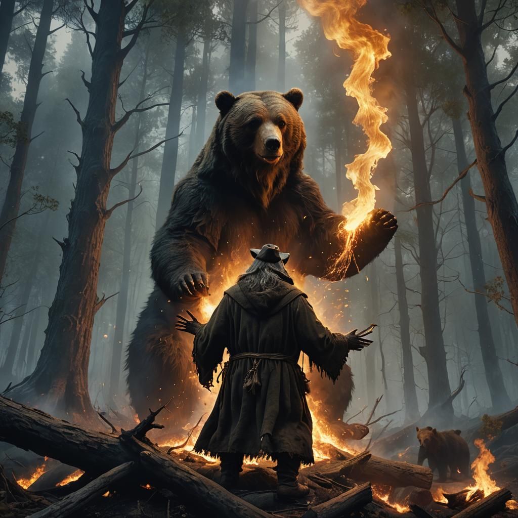 Wizard Summons Fiery Bear in Mystical Forest