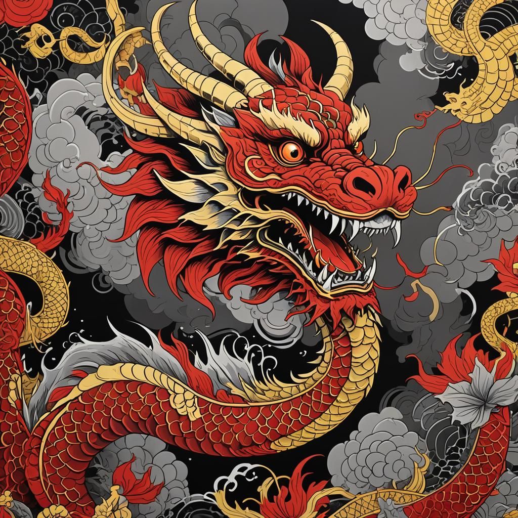 Chinese Dragon Pop Art Screen Print in Red and Gold