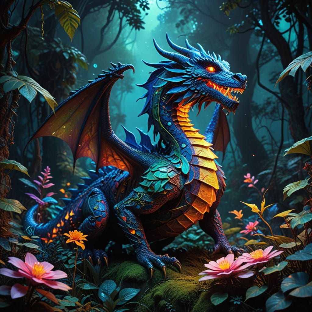 Majestic Floral Dragon in Vibrant, Surreal Wilderness