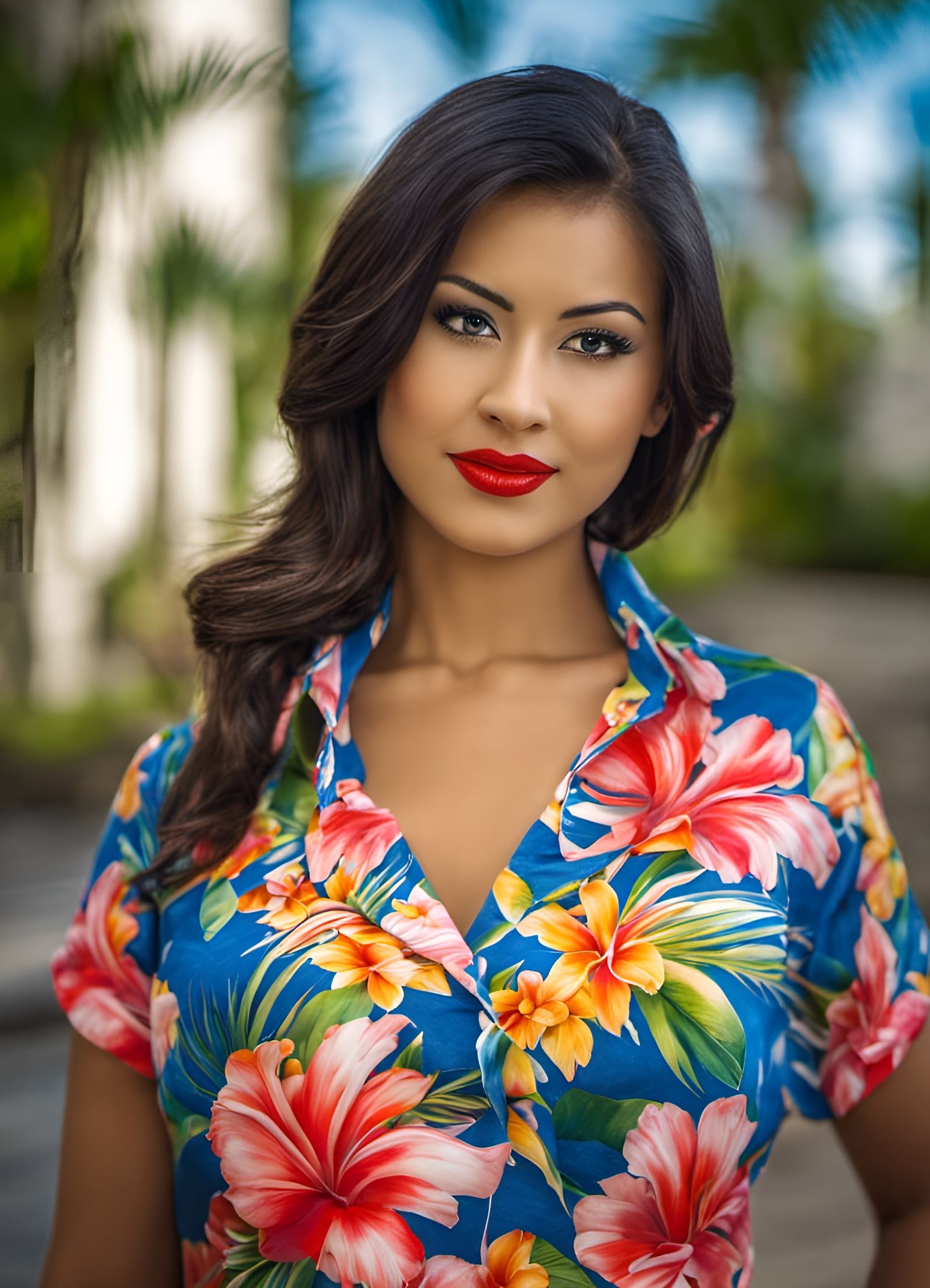Beautiful Woman in Hawaiian Shirt, Sharp Focus