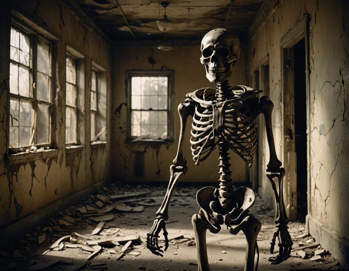 Spooky Skeleton in Abandoned Asylum: Horror Movie Still