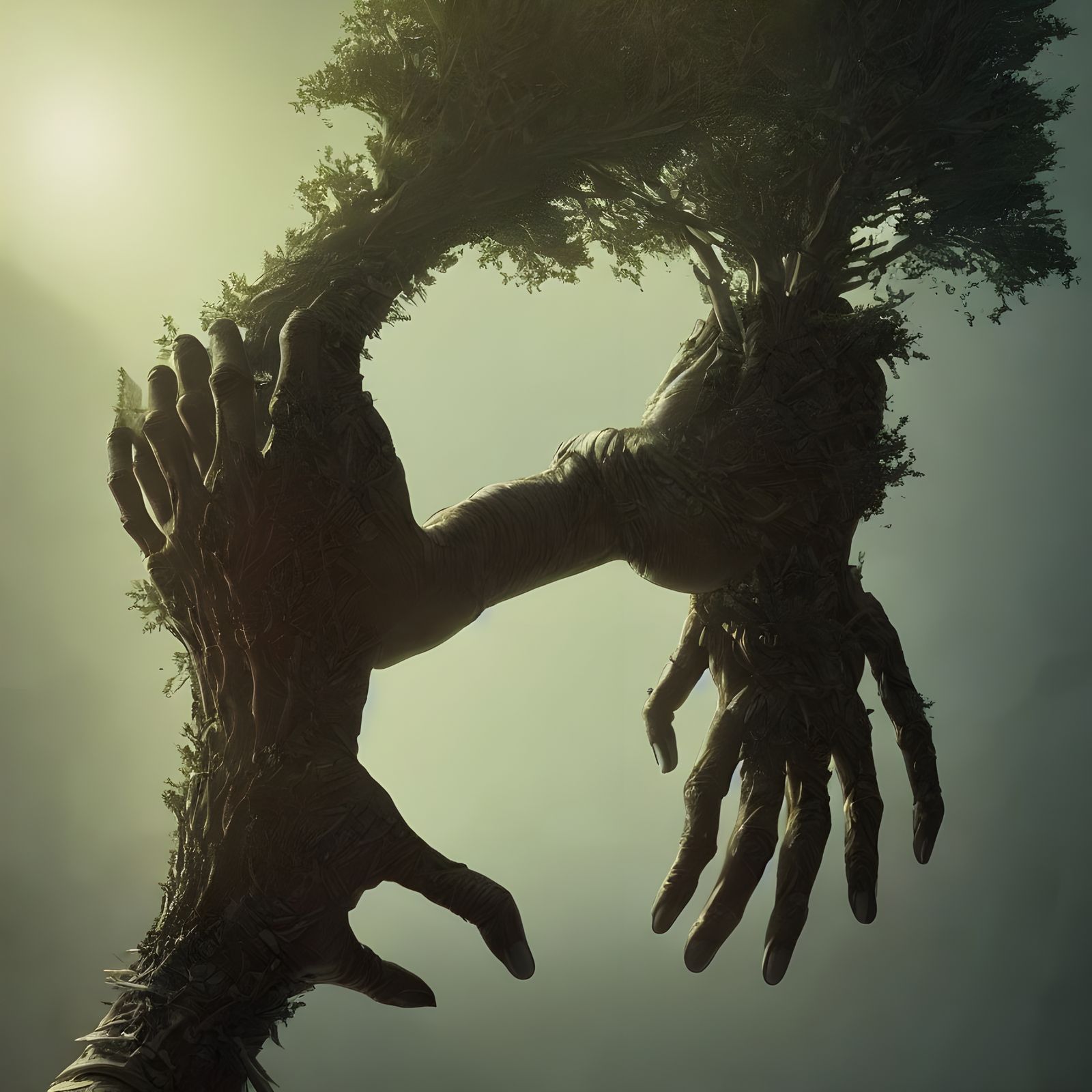 Tree Emerging from Hand: Hyperrealistic Digital Art