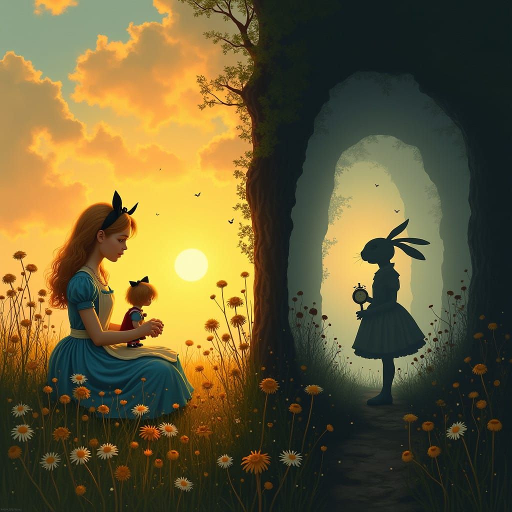 Whimsical Sunset Scene of Alice and Her Shadow
