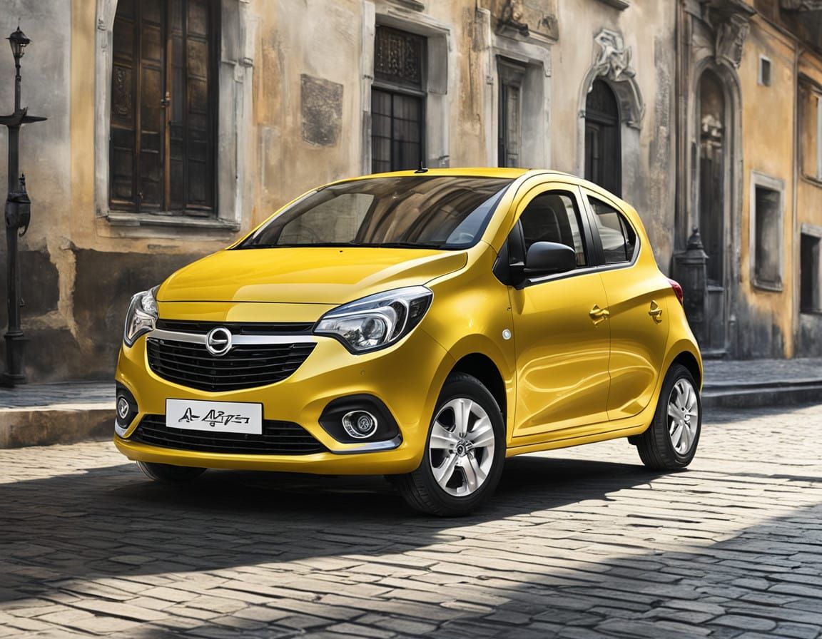 Vibrant Yellow Opel Agya Hatchback in Sterile Museum Setting