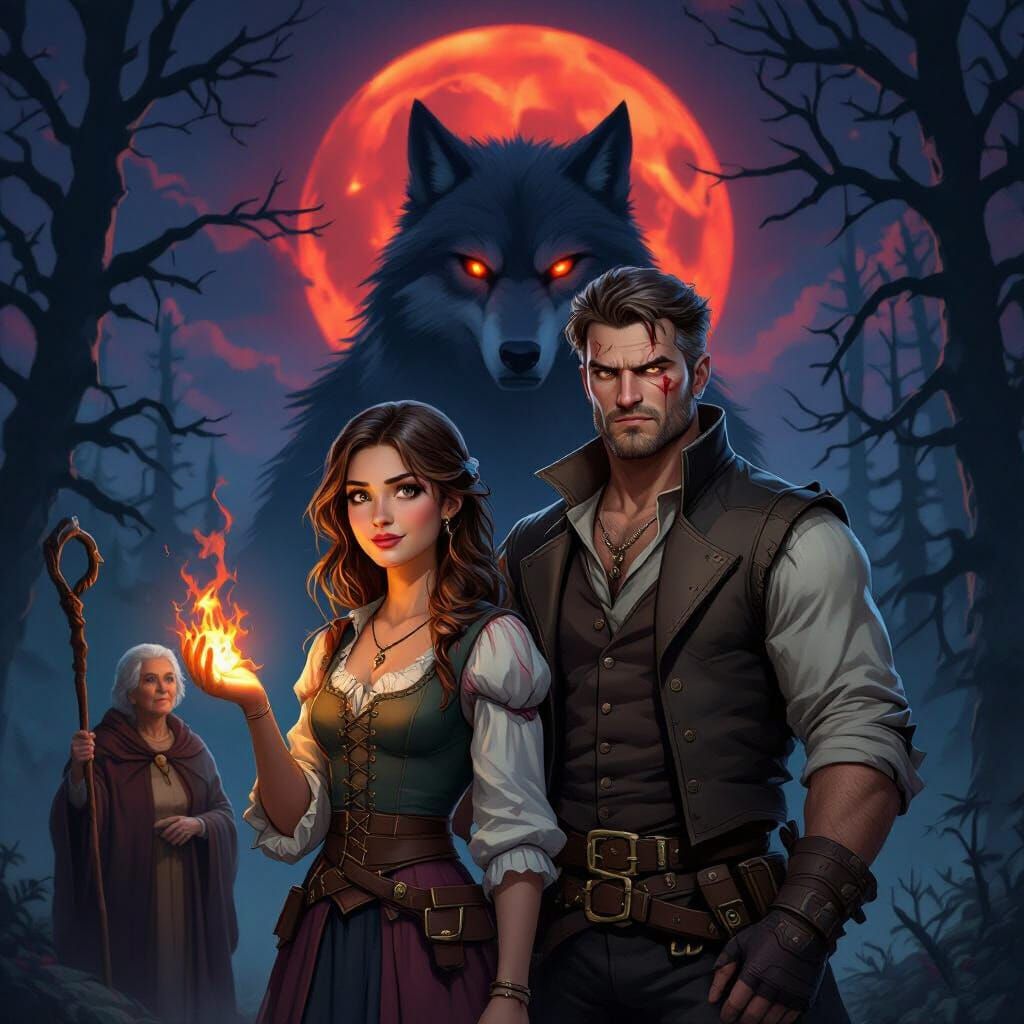 Gothic Fantasy Scene with Glowing Light and Wolf