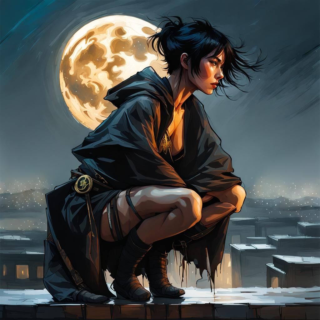 Night Rooftop Vigil: A Digital Portrait