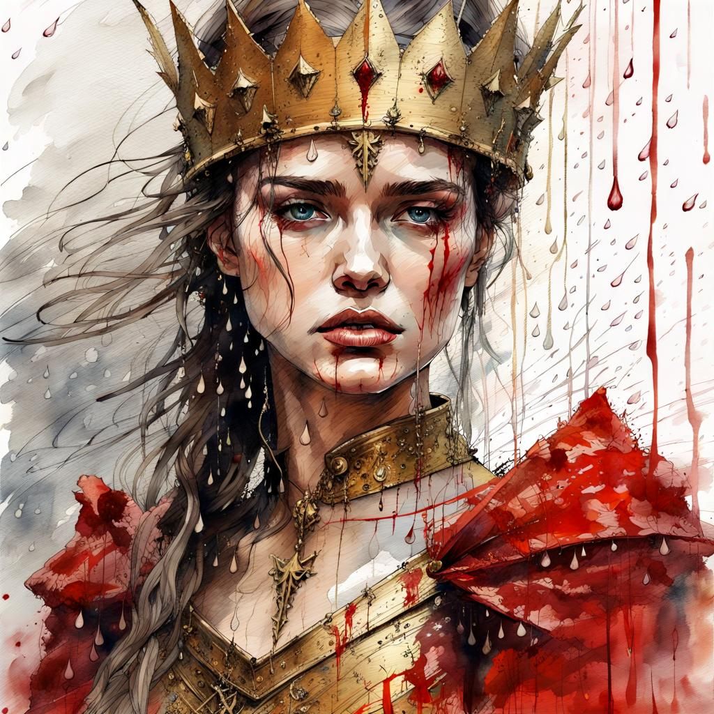 Stunning Queen in Bloody Medieval Battle, Watercolor