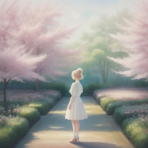 Dreamy Manga Girl in Cherry Blossom Garden